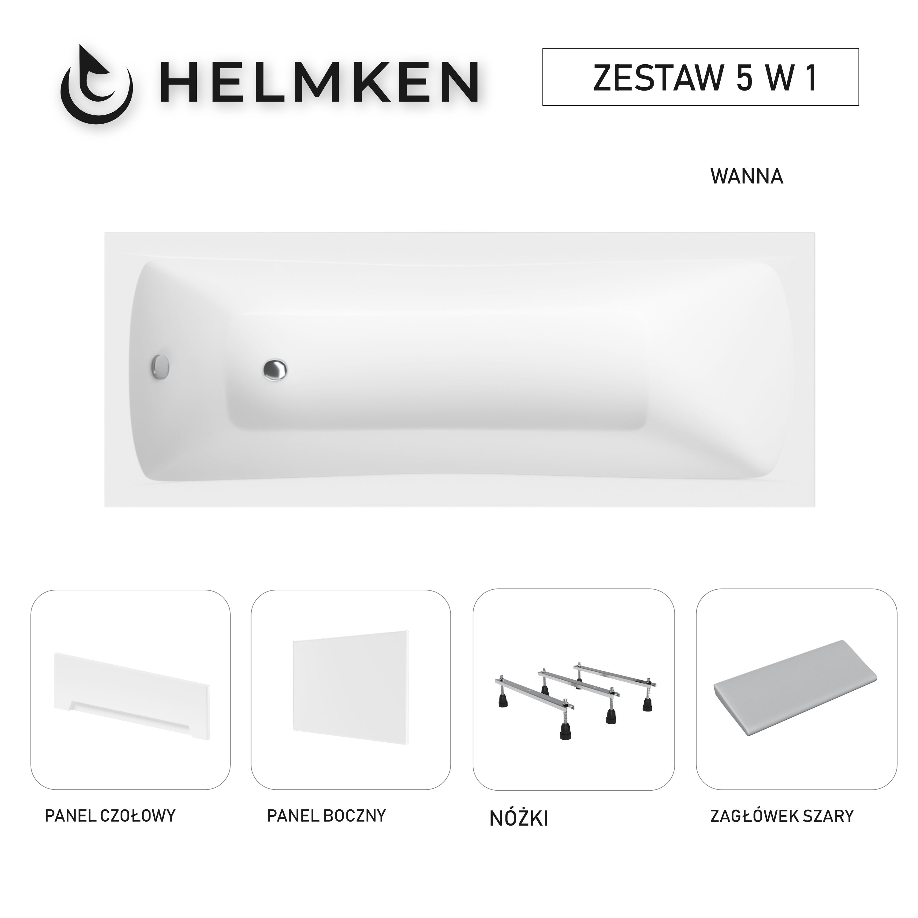 Wanna akrylowa Helmken Luna 150 х 70 + Panel czołowy i boczny Biały + Zagłówek szary + Nóżki / 23093002ZW