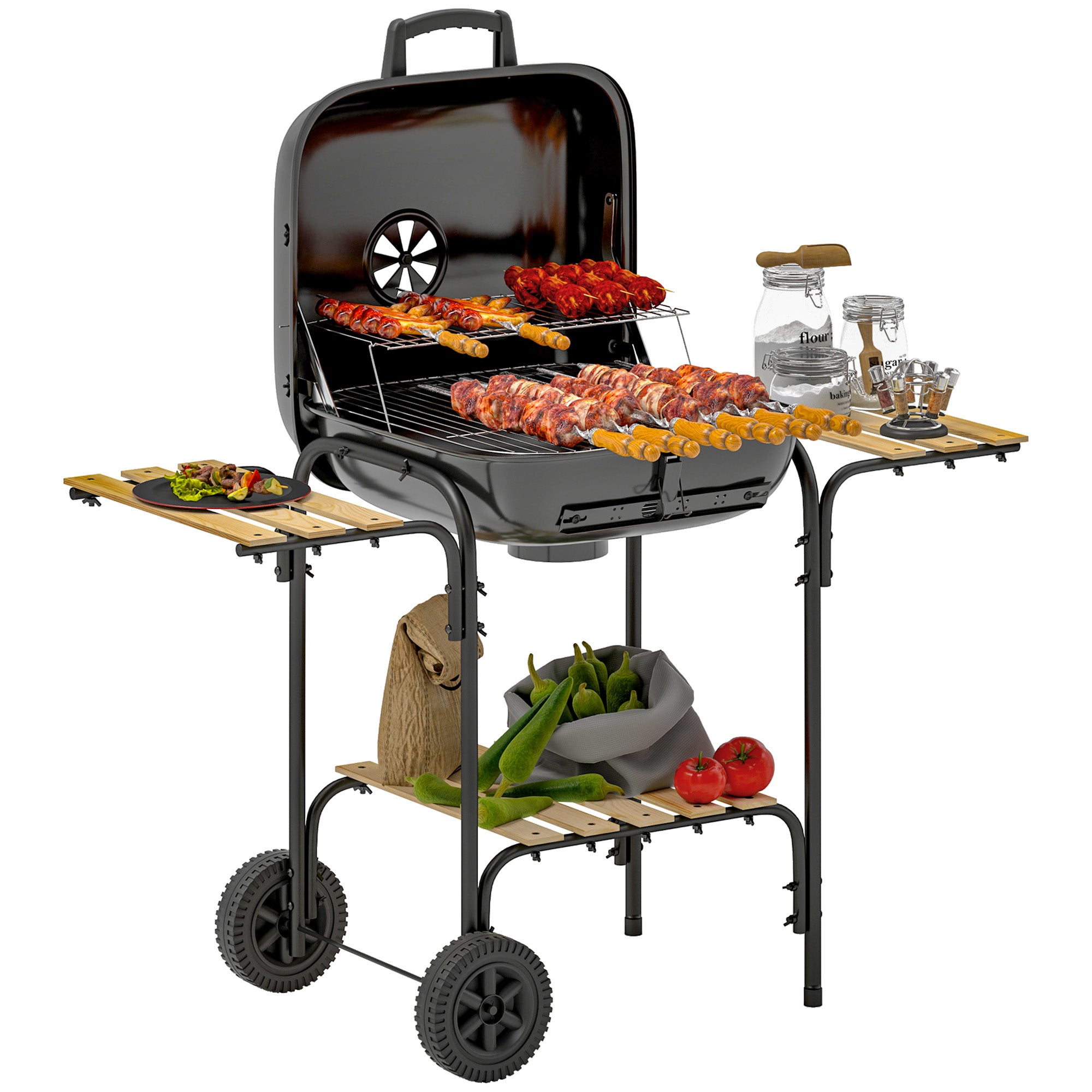 Stalowy grill węglowy z zamykaną pokrywą, 98 x 54 x 91 cm