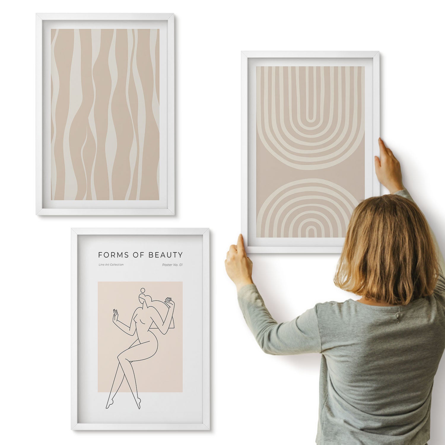 Galeria ścienna 3-częściowy komplet obrazów w białych ramach - Abstrakcyjne wzory delikatne boho dekoracje - ArtPrintCave
