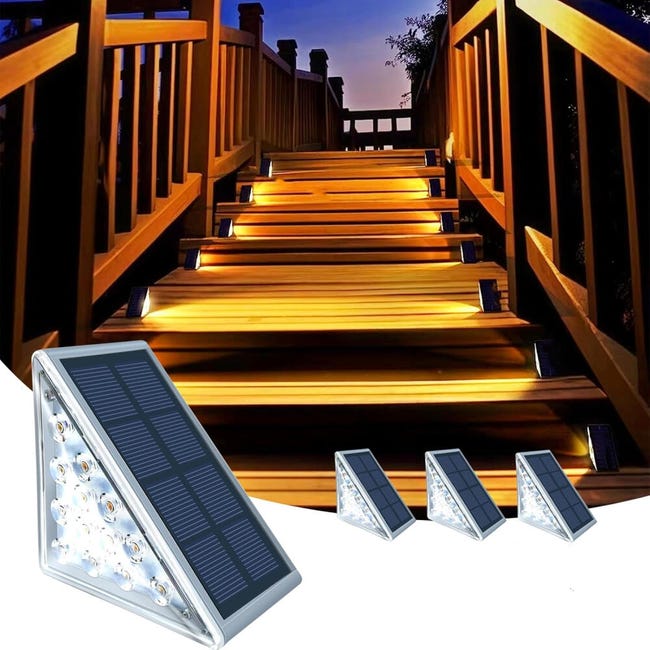 Zestaw 4 zewnętrznych lamp solarnych na schody, ciepła biel, wodoodporność IP67, do oświetlania podłóg, werand, dziedzińców, ścieżek, ogrodów i wjazd