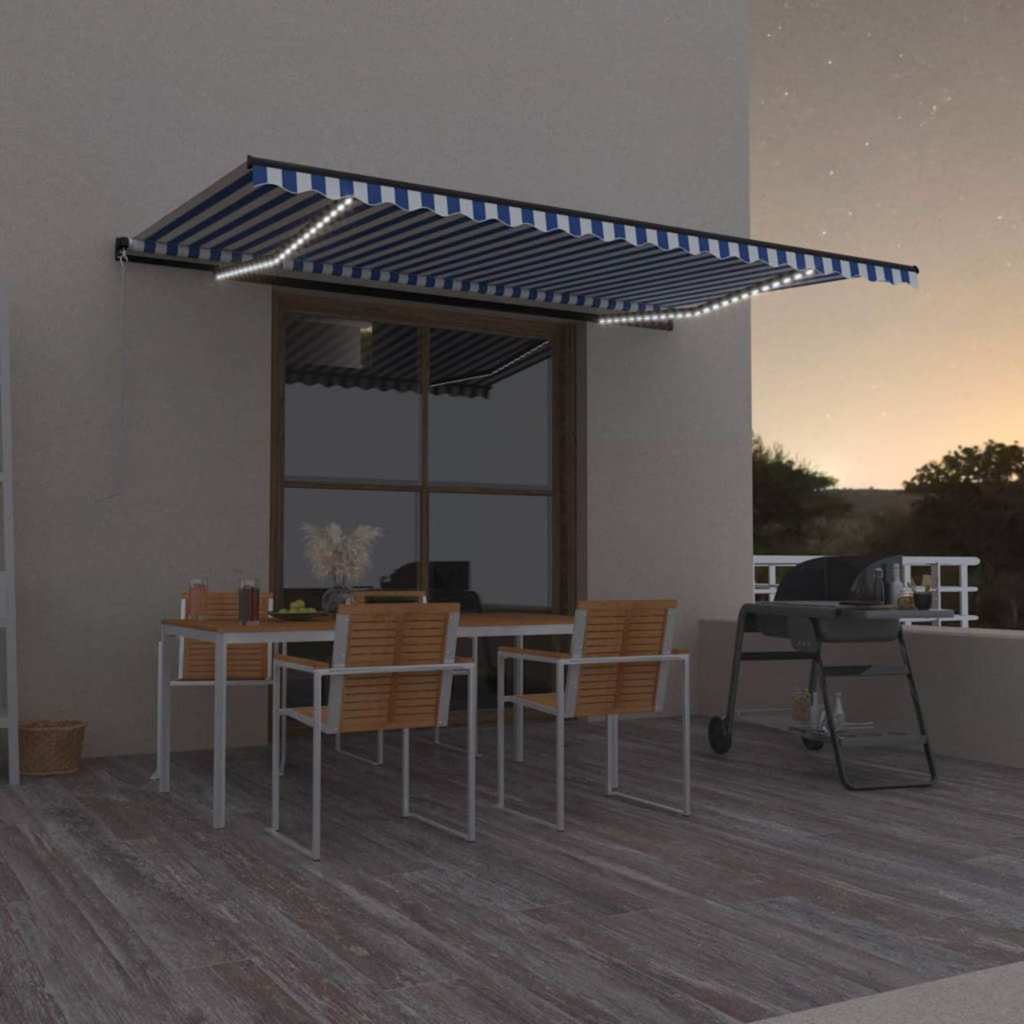 Ręcznie zwijana markiza z LED, 500 x 300 cm, niebiesko-biała vidaXL