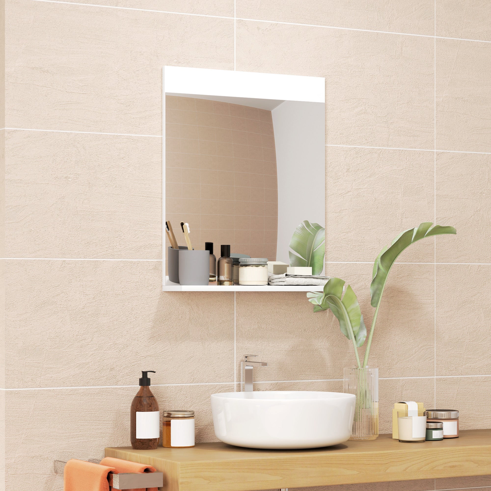 Lustro łazienkowe ścienne prostokątne z półką białe 50x60 cm do salonu