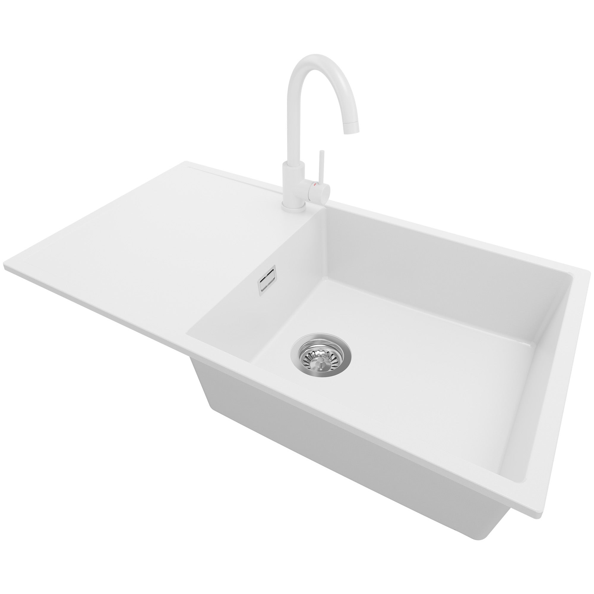 Zlewozmywak Granitowy Biały 90x50cm, Zlew Kuchenny 1 Komorowy + Bateria 32x20cm + Syfon, Nablatowy do szafki od 60cm - Ibiza PRIMAGRAN
