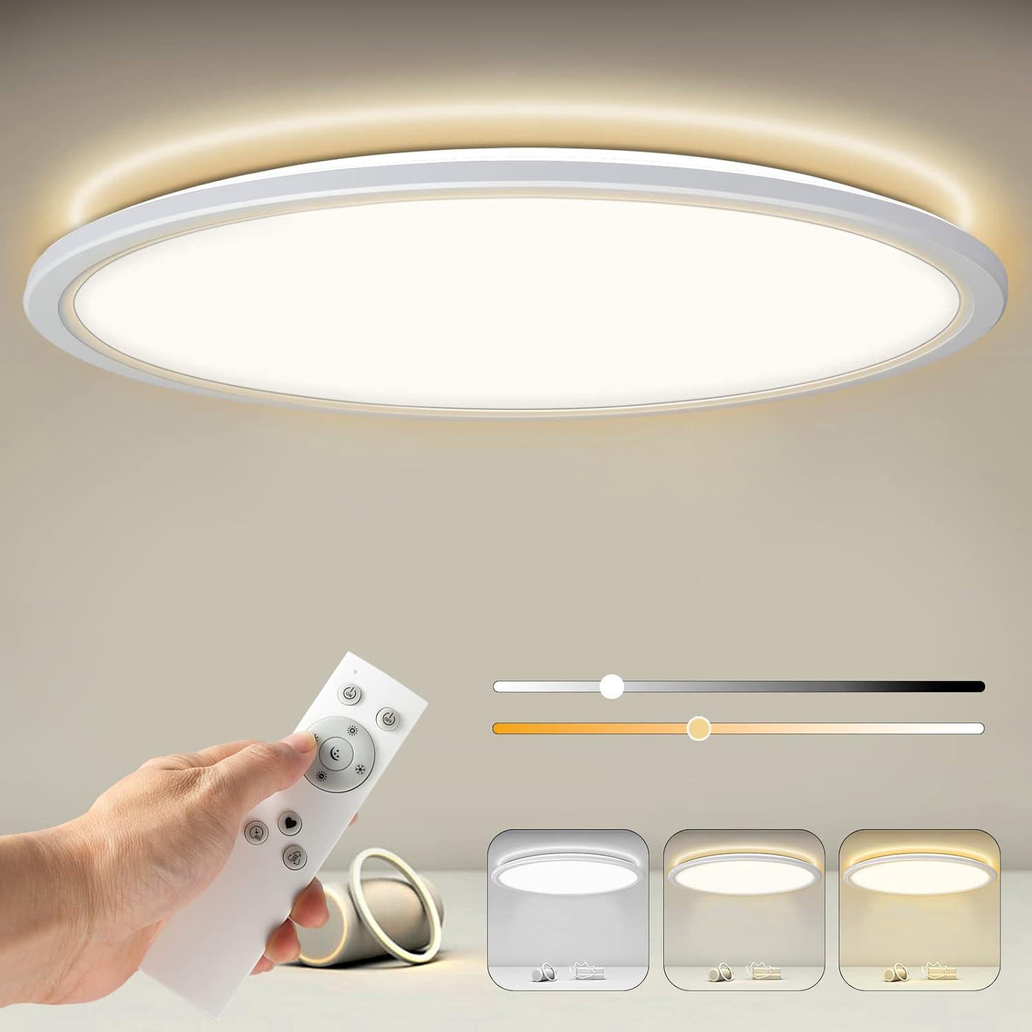 Ineasicer Ściemnialna lampa sufitowa LED z pilotem, 24 W, 2400 lm, okrągła, panelowa, IP44, 2,5 cm, ultracienka, 3000 K-6500 K, 30 x 30 cm, biała, do