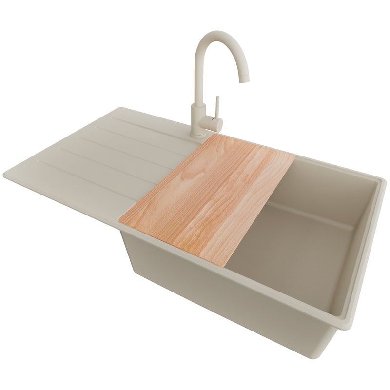 Zlewozmywak Granitowy Beżowy 90x50cm, Zlew Kuchenny 1 Komorowy + Bateria 32x20cm + Syfon + Deska, Nablatowy do szafki od 60cm - Kopenhaga PRIMAGRAN