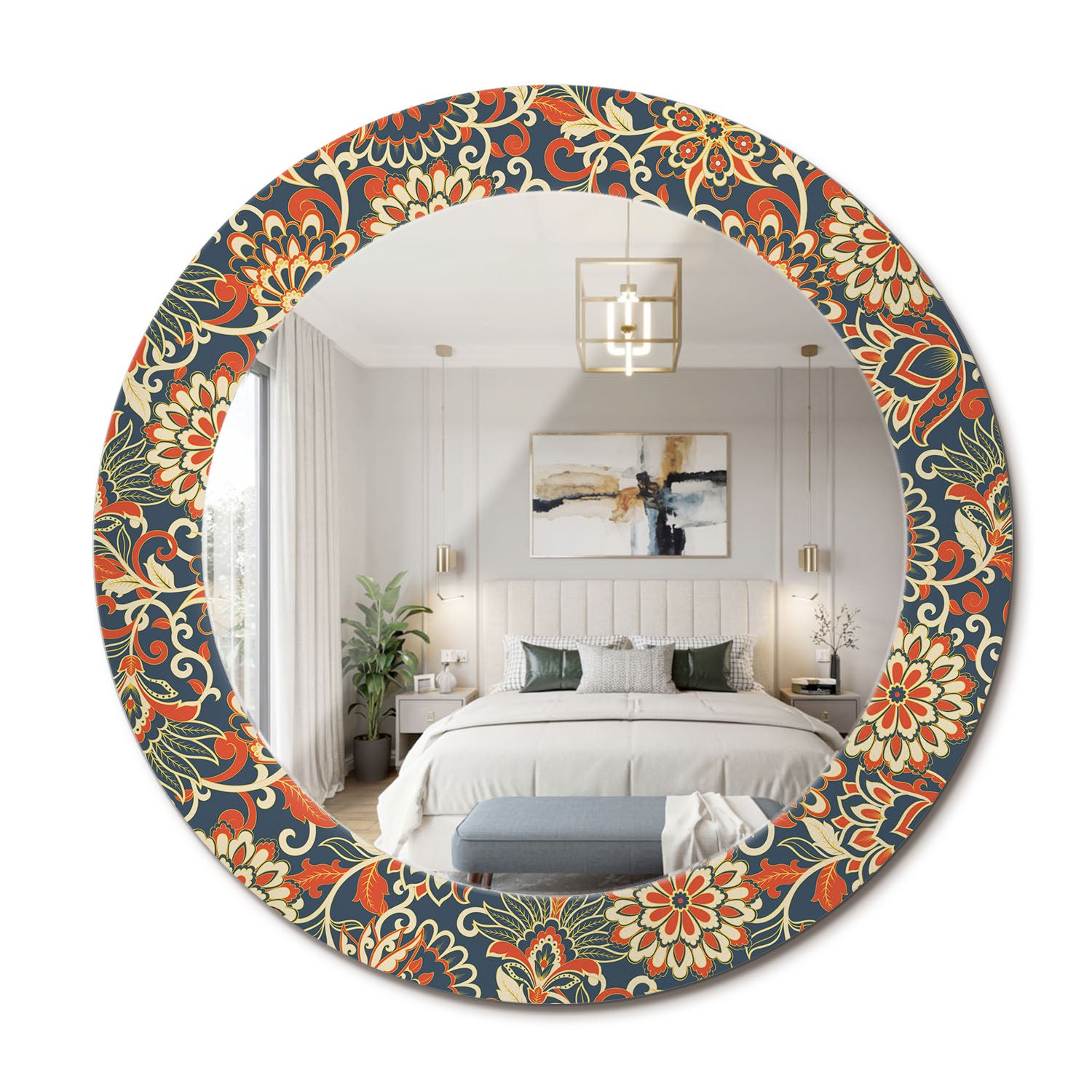 Designerskie lustro z nadrukiem, hartowane szkło, styl współczesny Retro kwiaty - 60 cm - ArtPrintCave