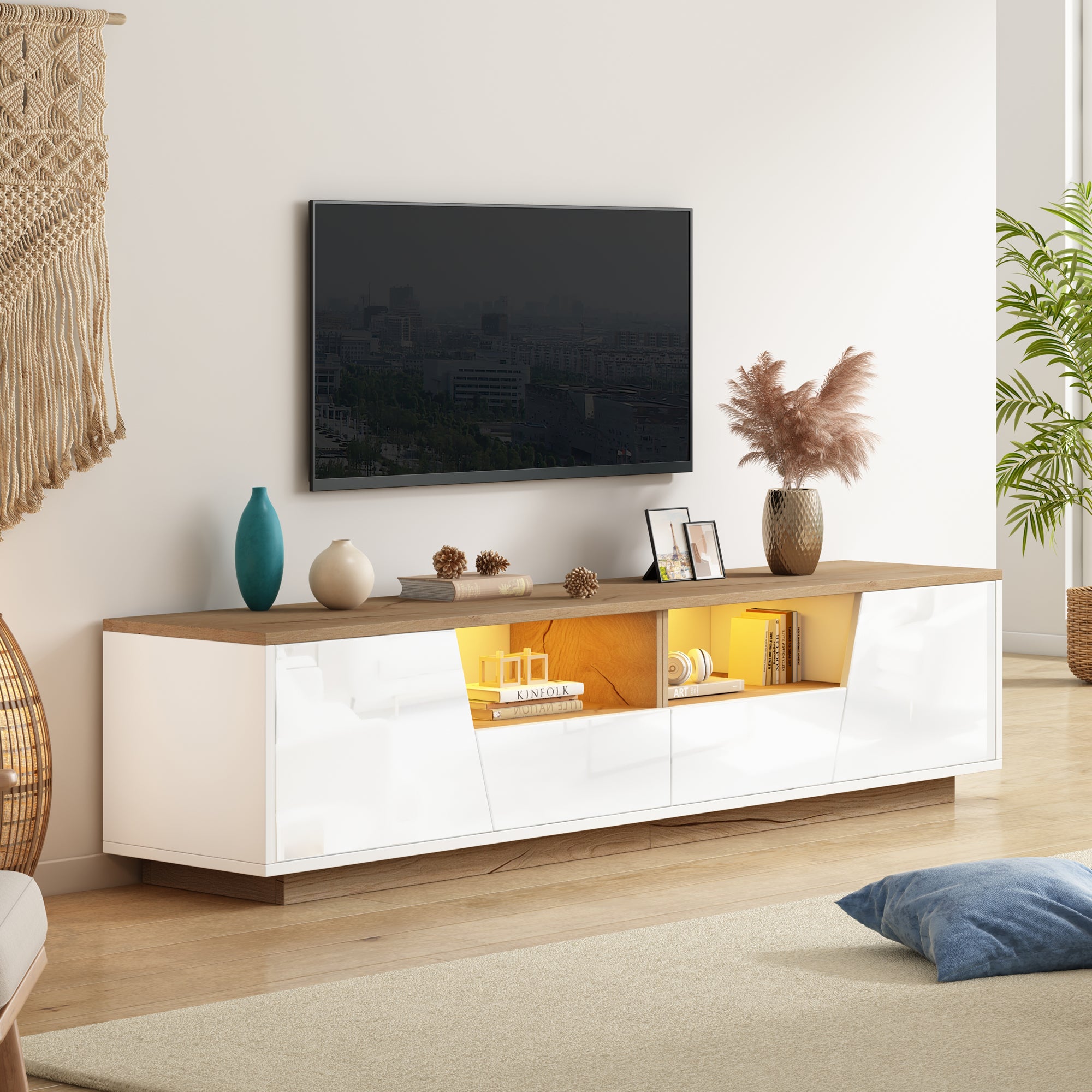 Szafka RTV z 2 drzwiami i 2 szufladami do telewizorów 75 cali - 180 x 40 x 46 cm - Płyta wiórowa - Biały + naturalny