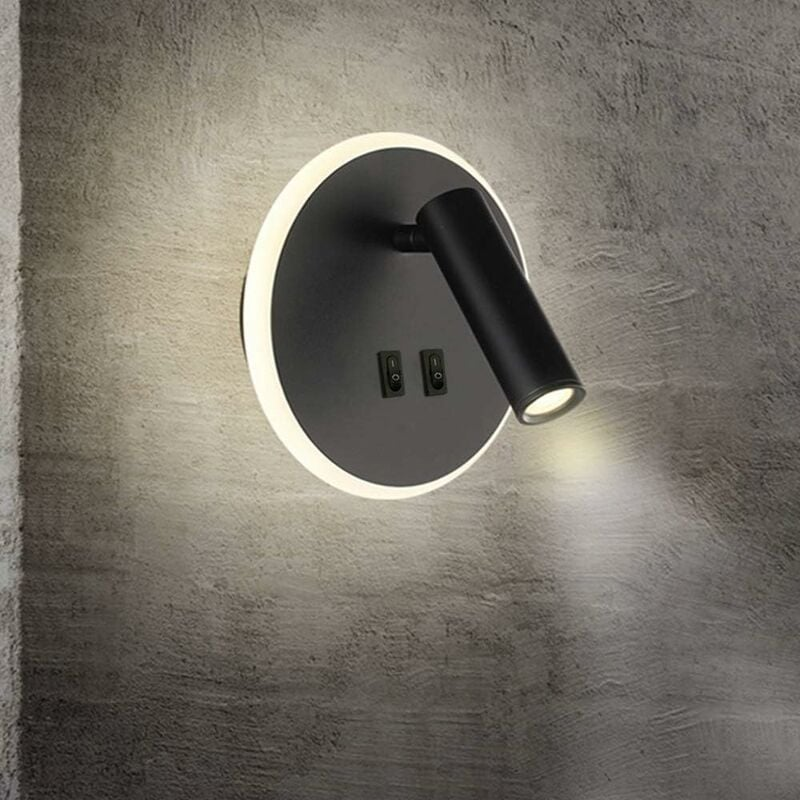 Lampka nocna LED, kinkiet wewnętrzny do hotelu, lampka nocna, kinkiet, kinkiet z włącznikiem czarnym 3W + 9W (okrągły).