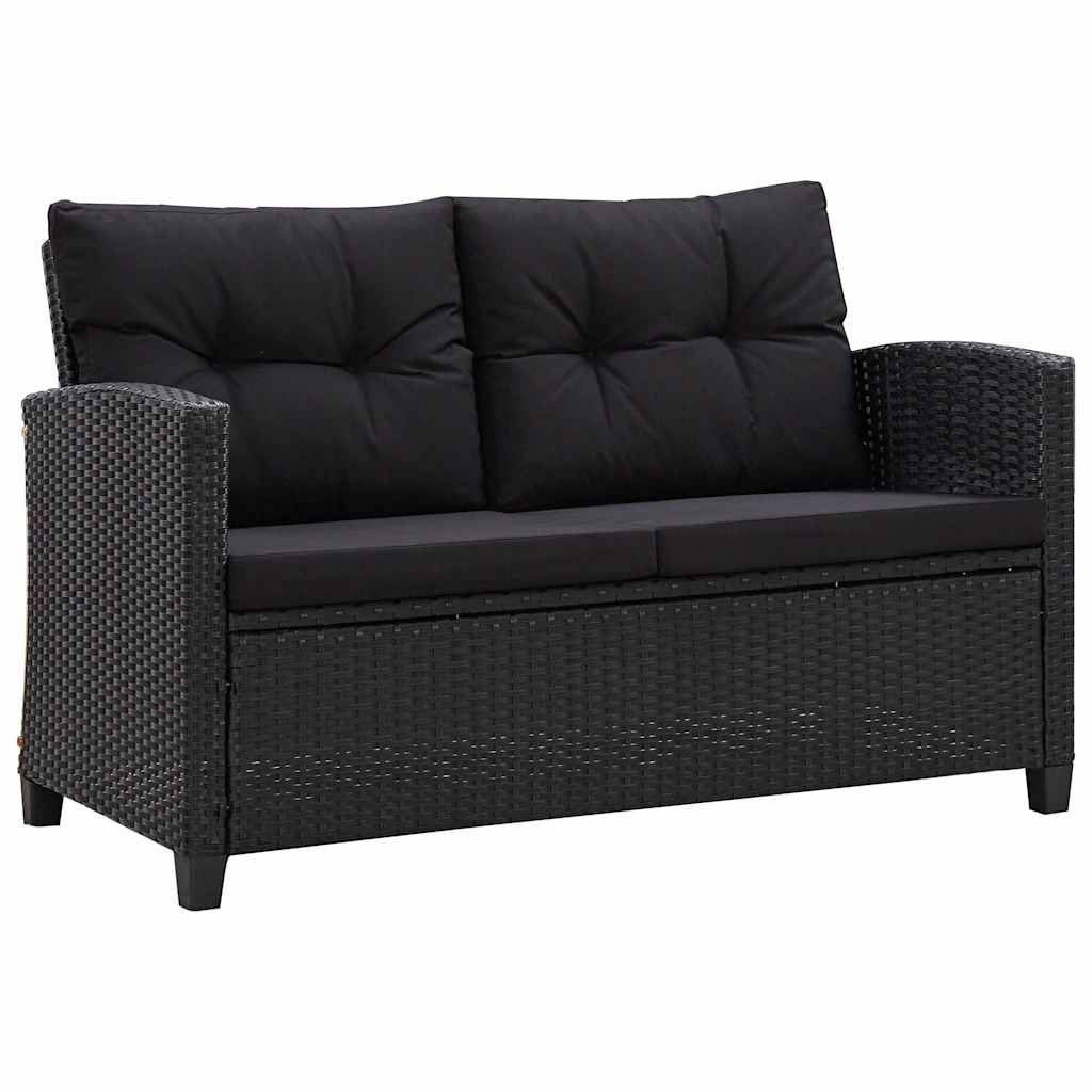 Sofa Ogrodowa Czarna 2-Osobowa z Polirattanu z Czarnymi Poduszkami