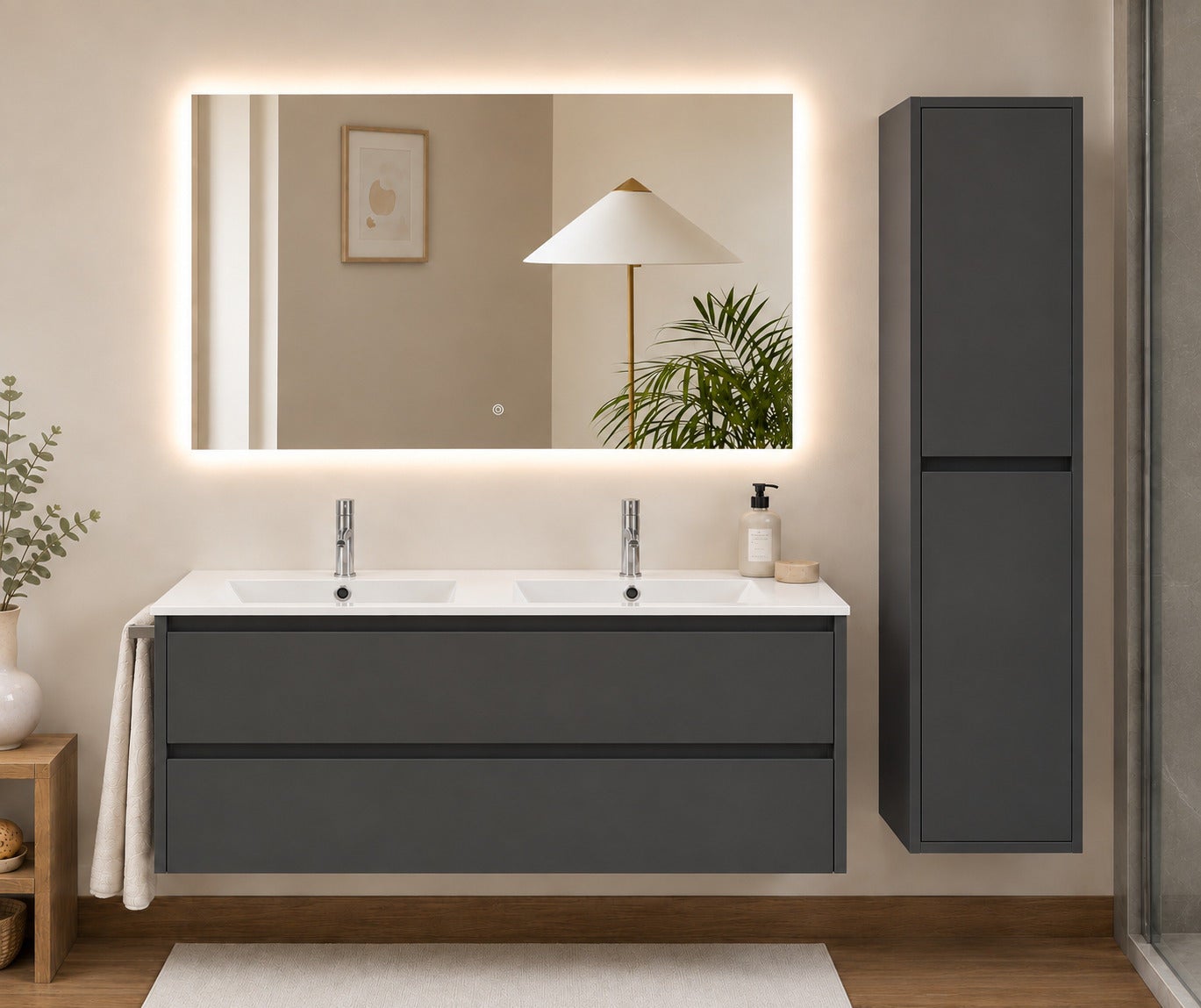 Szafka łazienkowa z umywalką ORIGENBATH IBIZA bez lustra 120x45 cm podwójna umywalka grafitowy z kolumną