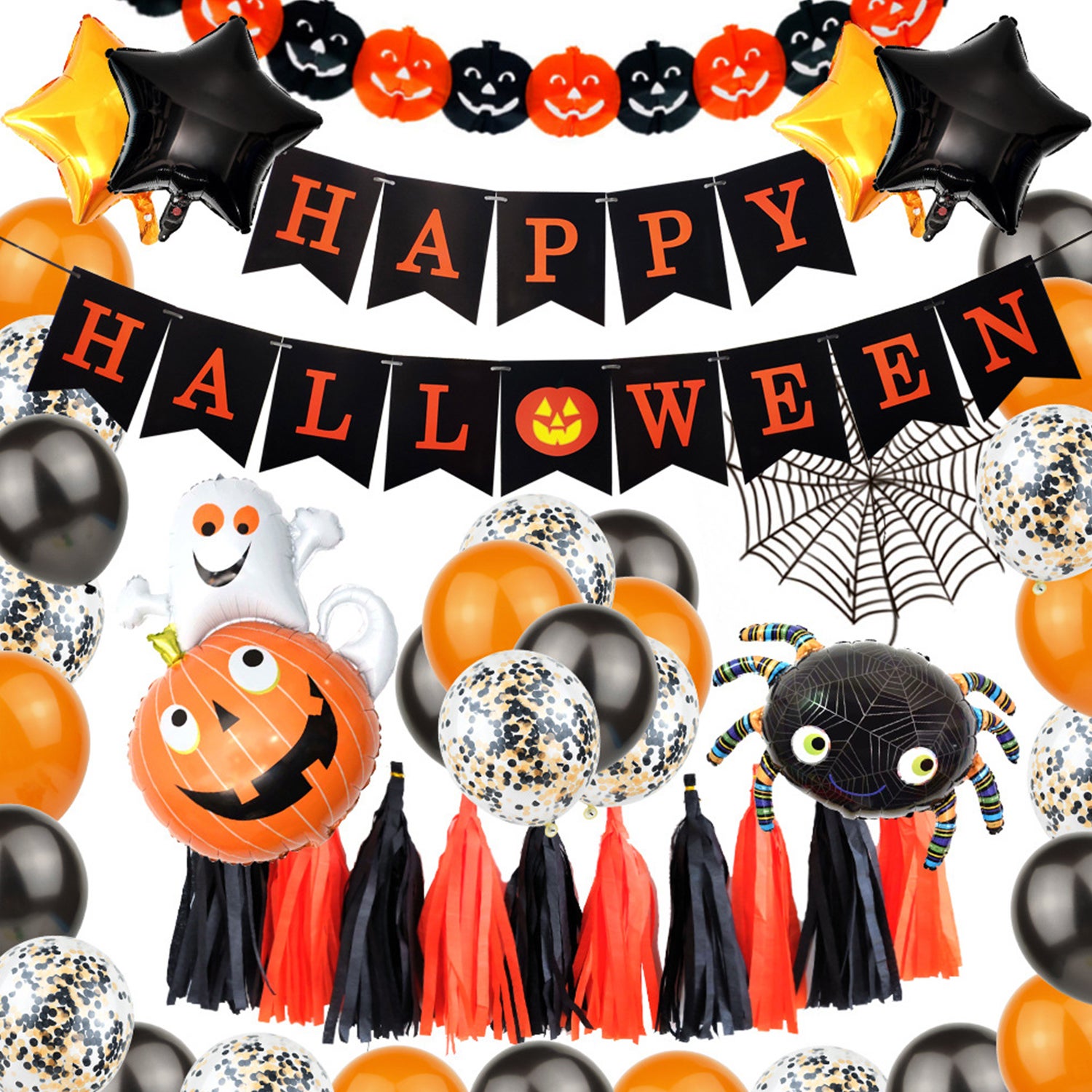 Dekoracje balonowe na Halloween: baner „Wesołego Halloween”, metaliczny lateks z motywem dyni i pająka dla dzieci