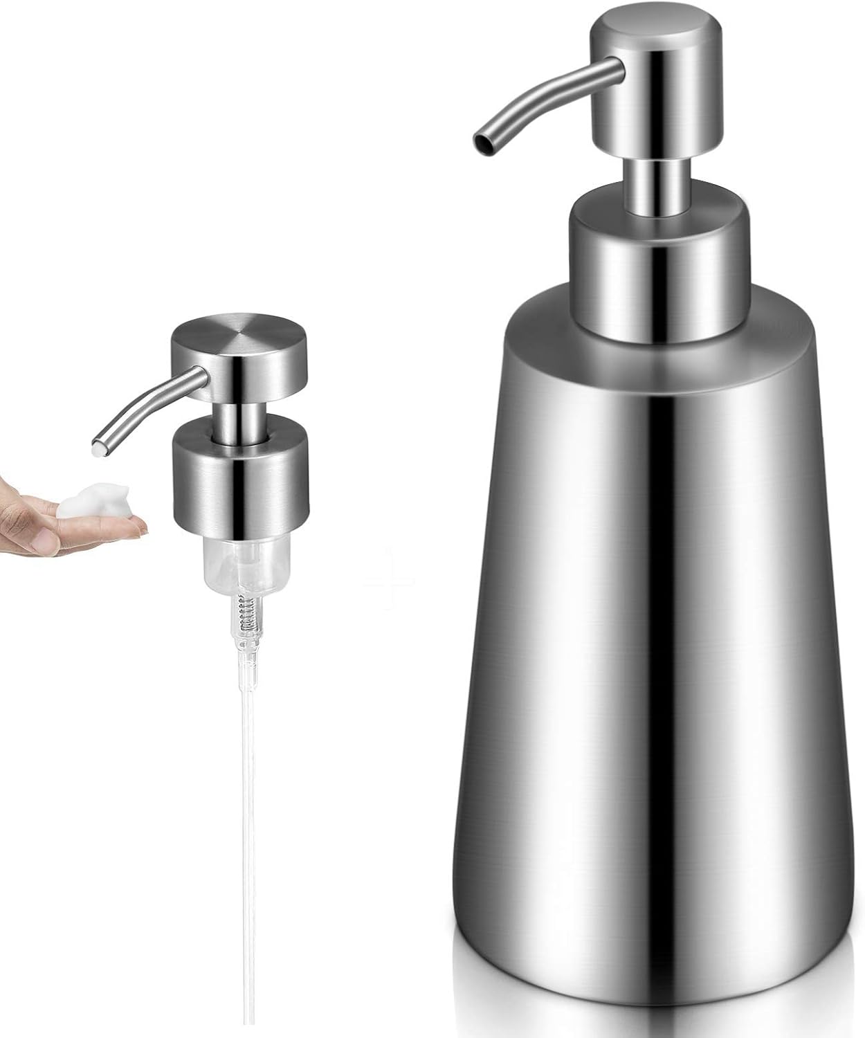 Dozownik mydła w płynie 350 ml + dozownik z pompką piany ze stali nierdzewnej 304 do łazienki i kuchni, srebrny