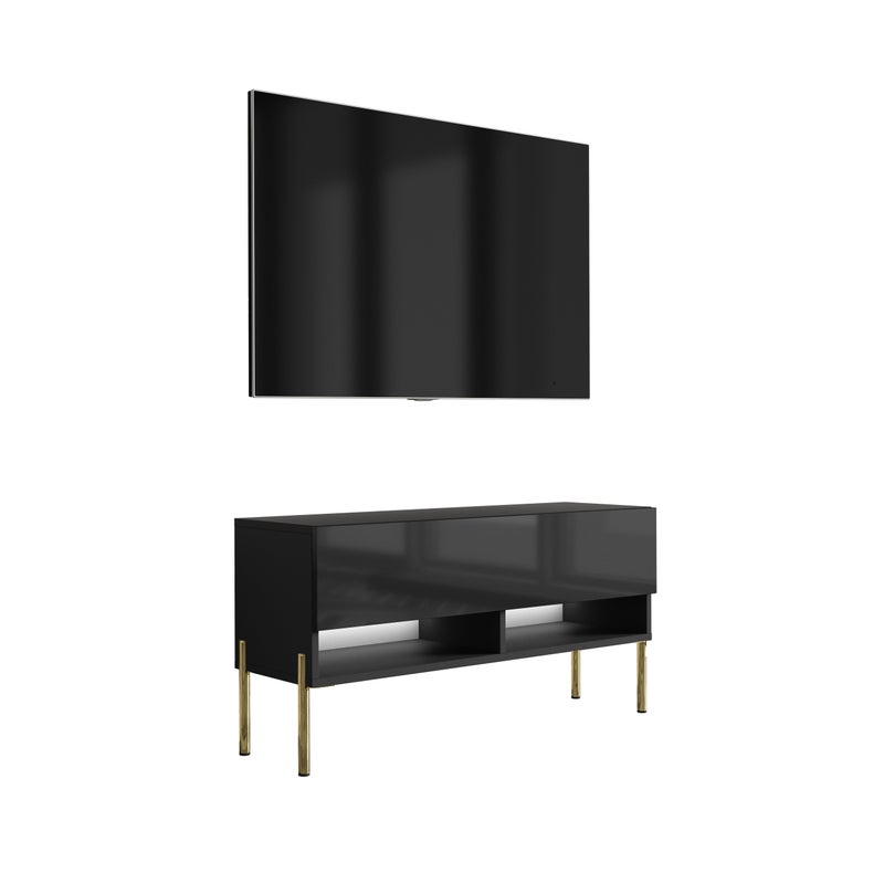 Szafka pod telewizor 100 cm Czarny Mat / Czarny Połysk, nóżki proste złote, LED biały, 100 × 32 × 52 cm