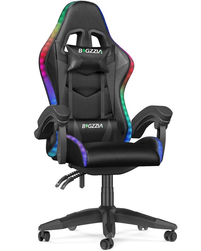 Fotel gamingowy, Profesjonalny fotel gamingowy z wbudowaną technologią LED RGB, z zagłówkiem, podparciem lędźwiowym i podłokietnikami