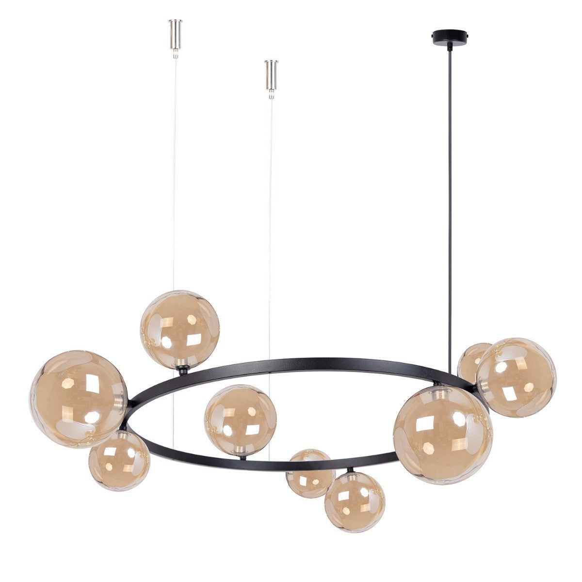 Lampa wisząca żyrandol czarny ring szklane bursztynowe kule do salonu 9xG9 12W BOLERO Sigma Lighting