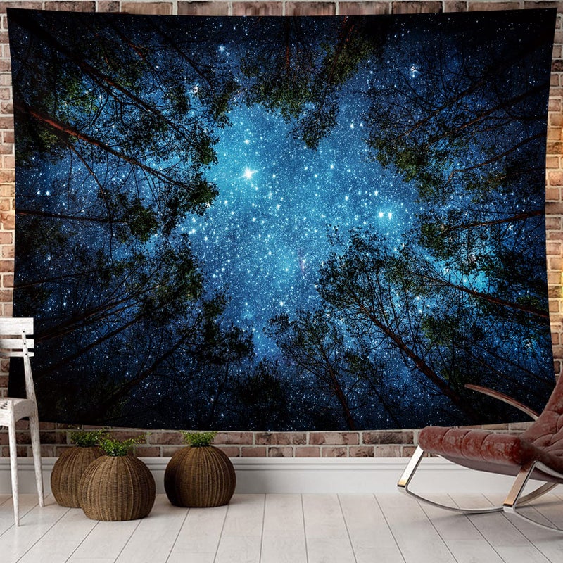 Psychodeliczna tapiseria ścienna z motywem gwiezdnego lasu, 150x130 cm, dekoracja z motywem drzewa do sypialni, salonu, akademika