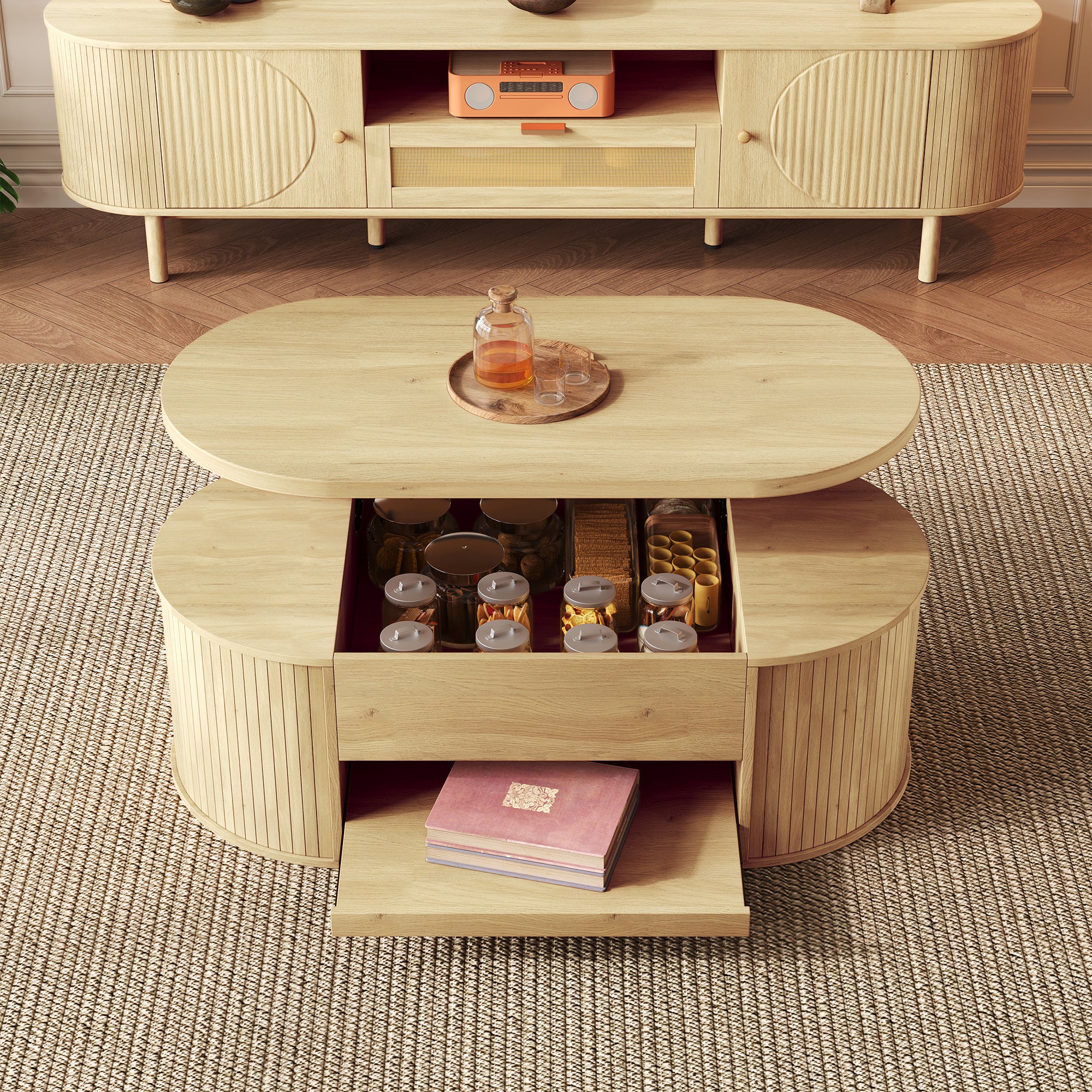 Regulowany stolik kawowy 110×55,5×40 cm - wygięte boki - z 1 szufladą - MDF - naturalny