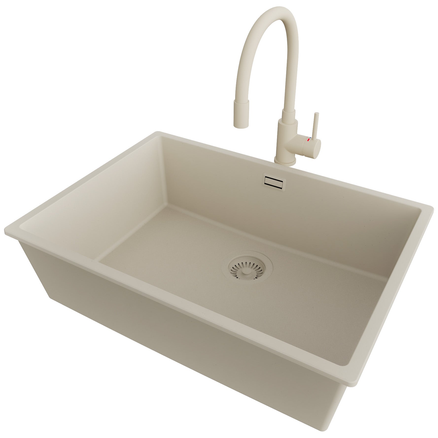Zlewozmywak Granitowy Beżowy 66x47cm, Zlew Kuchenny 1 Komorowy + Bateria 38x14cm + Syfon, Nablatowy do szafki od 70cm - Londyn Slim PRIMAGRAN