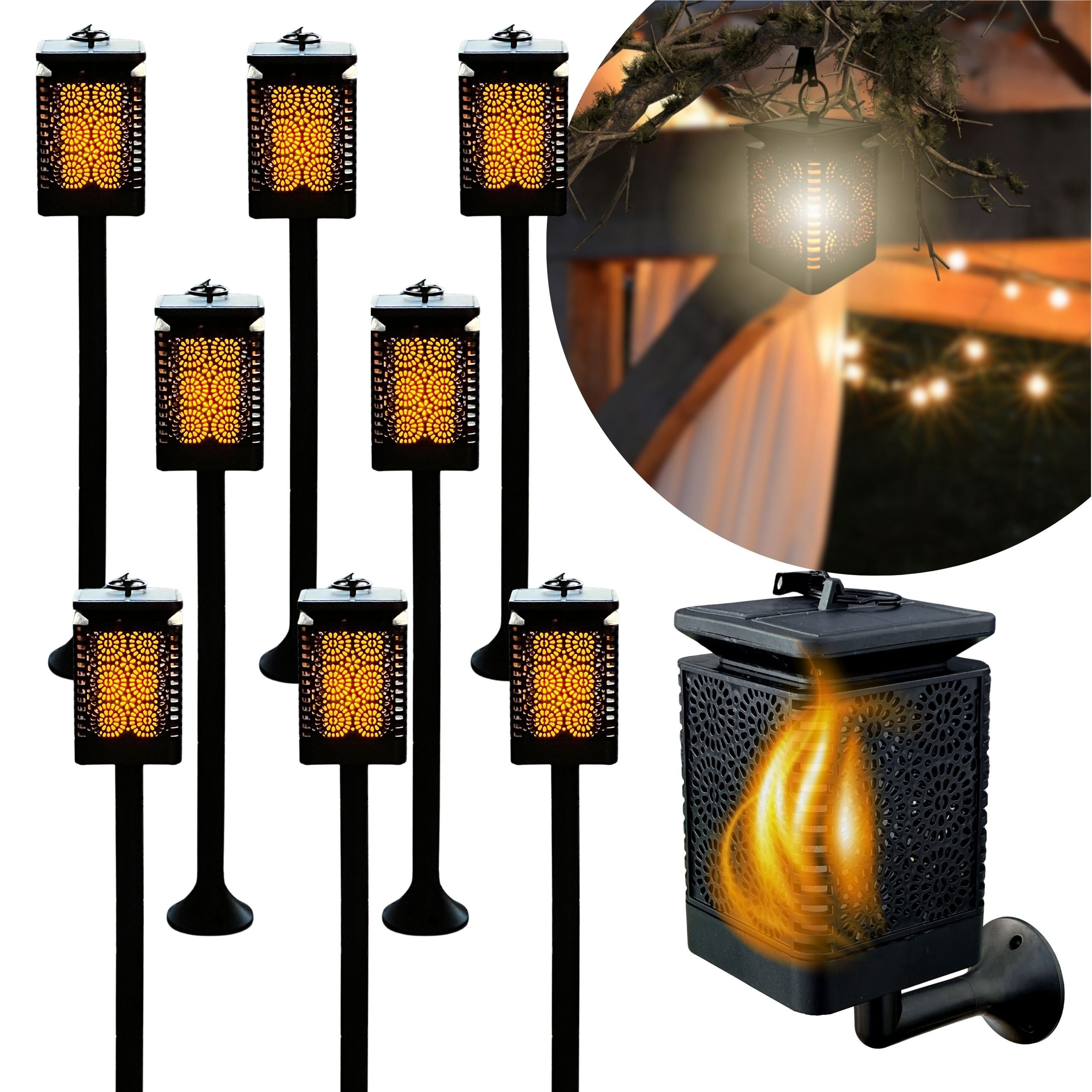 Zestaw 8 Lamp Solarnych LED 3w1 Lampion Pochodnia Latarnia z Efektem Płomienia