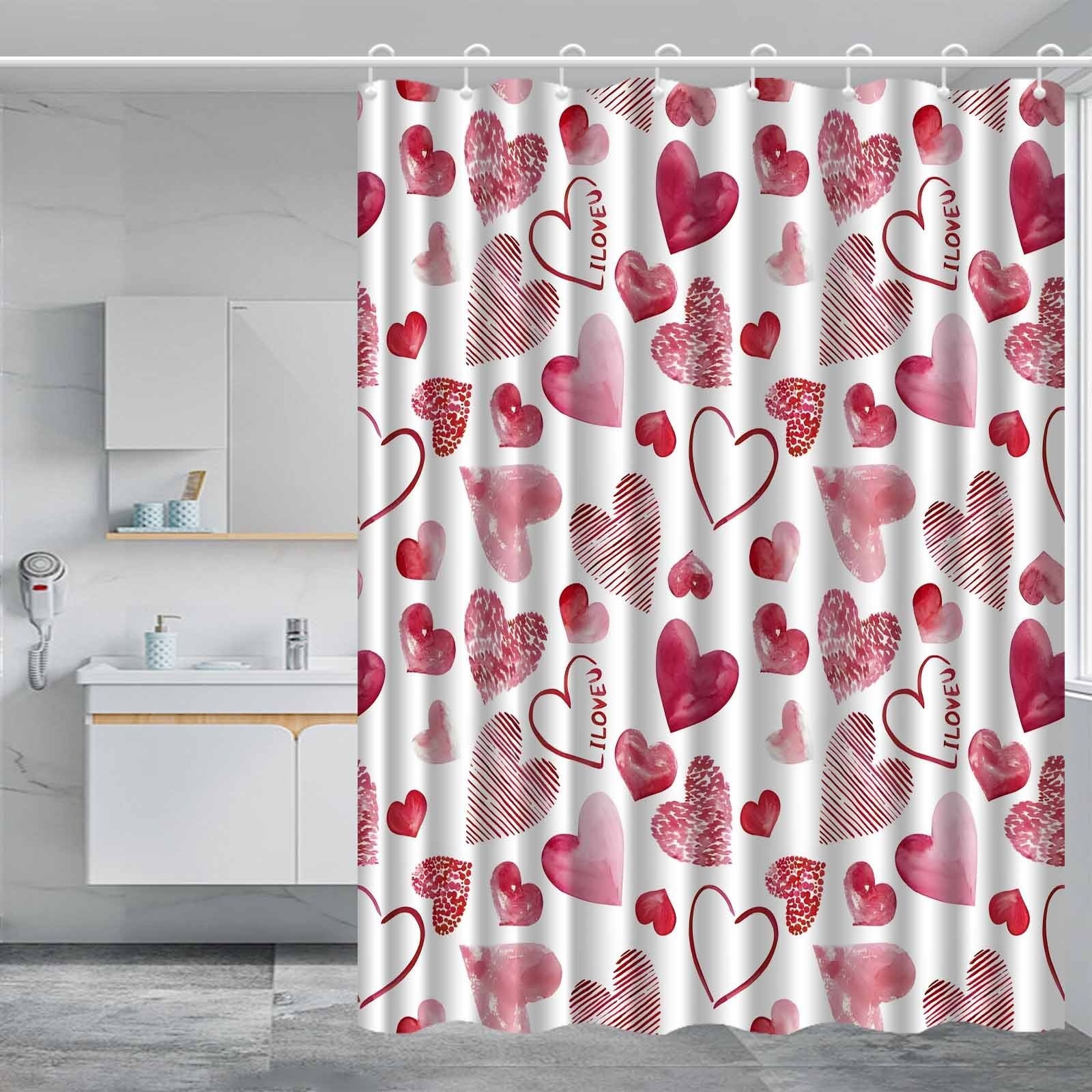 Zasłona prysznicowa Happy Heart Day - 180 x 180 cm - Wzór w czerwone i różowe serca - Dla kobiet - Prosty i uroczy - Zestaw łazienkowy - Wodoodporny