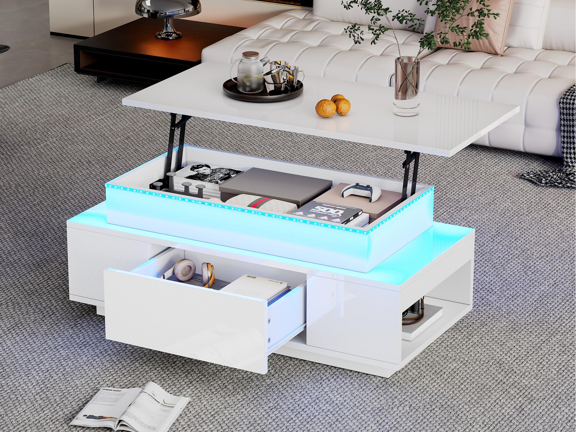 Stolik kawowy z podnoszonym blatem 96x45x40cm - z oświetleniem LED - z 1 szufladą - lakierowany na wysoki połysk - biały