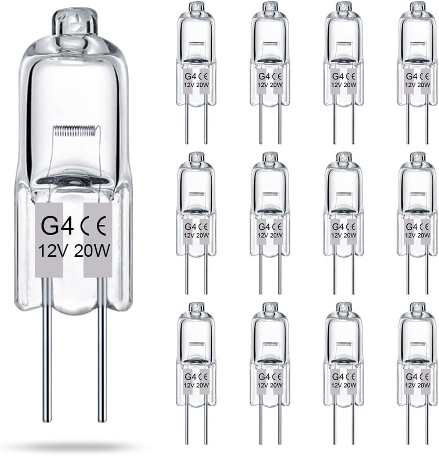 Żarówki G4, opakowanie 12 szt., żarówki halogenowe przezroczyste, 2 bolce, 12 V 20 W, trzonek G4, 280 lm, ściemnialne.