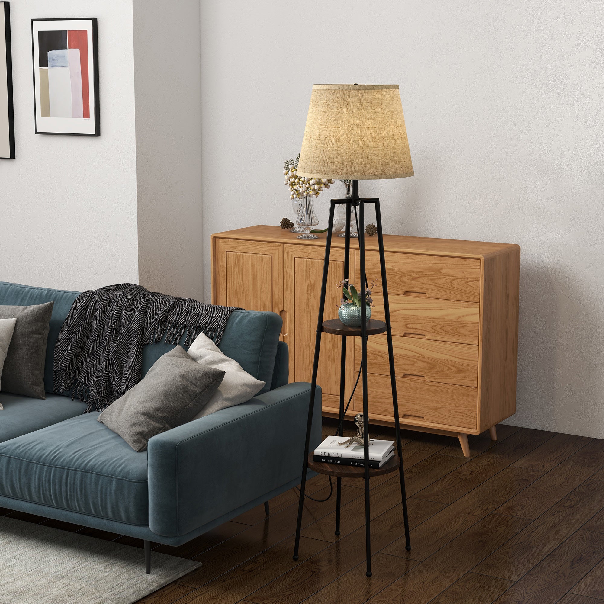 Dwupoziomowa lampa podłogowa z metalu i płyty MDF z abażurem z tkaniny, Ø42 x 166 cm, w kolorze czarnym i brązowym