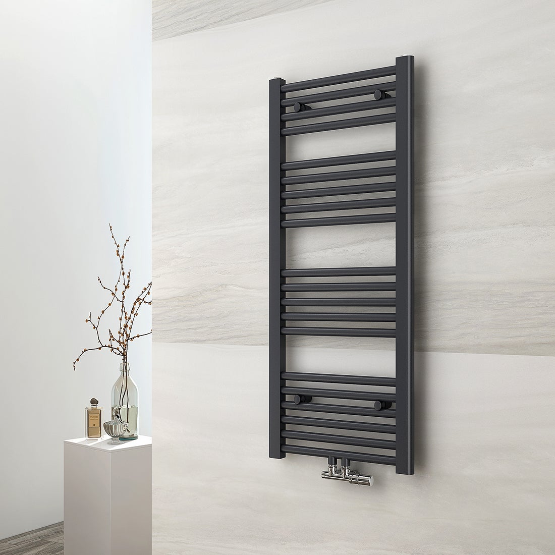 EMKE Grzejnik Łazienkowy Wodny - Okrągłe Profile Antracytowy Mat - Podłączenie Dolne - 356 W, 1000 x 400 mm