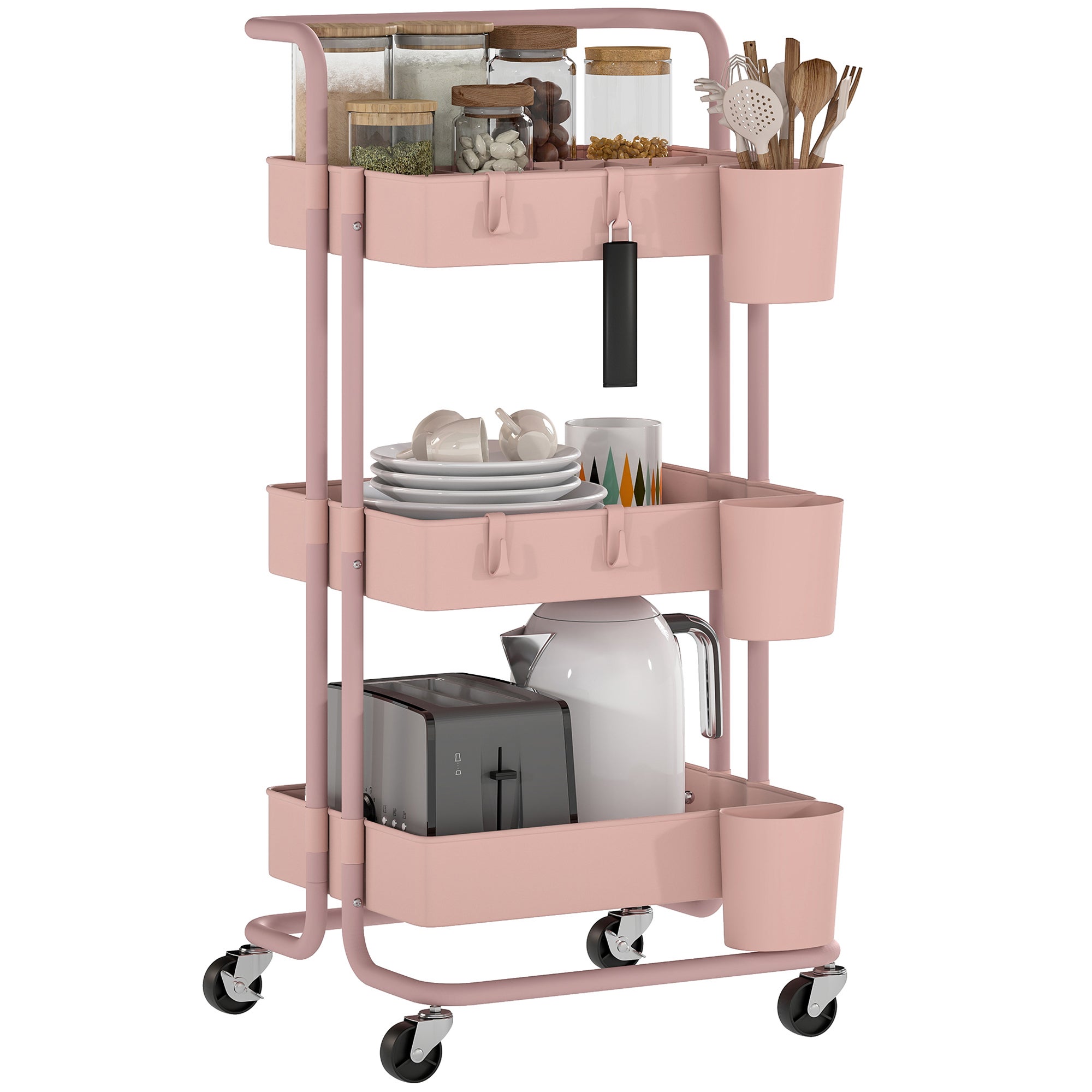 Auxiliary Wózek z Koła Multifunctional Przechowywanie Wózek z Hooks i Hanging Boxes 42x38x86.5 cm Różowy