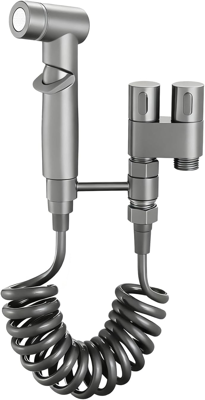 Uniwersalny adapter do dwudrożnego kranu toaletowego z podwójnym zaworem sterującym (1 wejście/2 wyjścia), bidet przenośny (szary).