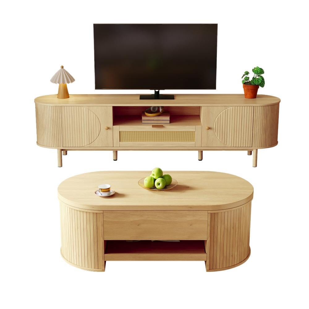 Zestaw wypoczynkowy z podnoszonym stolikiem kawowym i szafką RTV, nowoczesny design, miejsce do przechowywania, zaokrąglone krawędzie