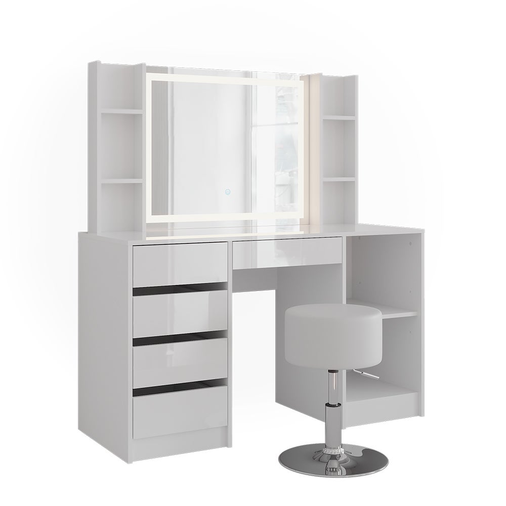 Vicco Stół do toalety Sherry, Biały/Biały wysoki połysk, 128.2 cm z lustrem LED i stołkiem
