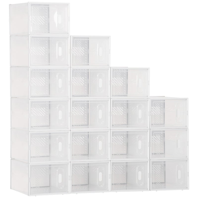 Zestaw 18 modułowych pudełek do przechowywania butów w kształcie kostki z przezroczystymi drzwiczkami - 25 x 35 x 19 cm