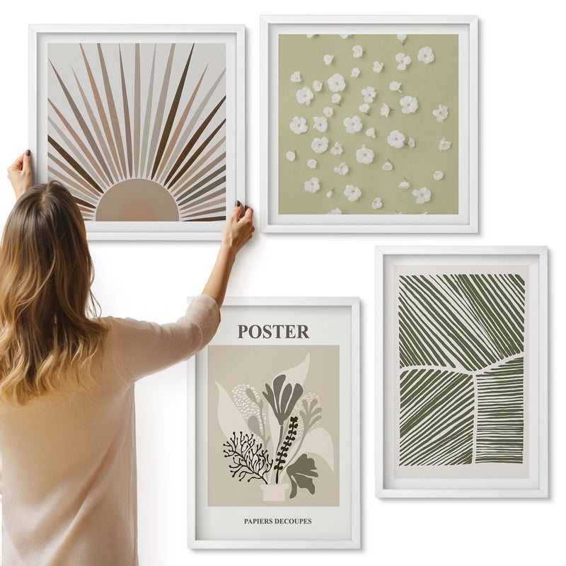 Galeria ścienna 4-częściowy komplet obrazów w białych ramach - Roślinne motywy w stonowanych kolorach i wzorach - ArtPrintCave