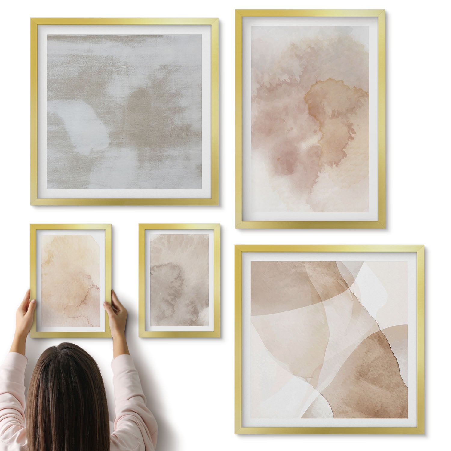 Galeria ścienna 5-częściowy komplet obrazów w złotych ramach - Ciepłe akwarele na płótnie pastelowe tekstury - ArtPrintCave