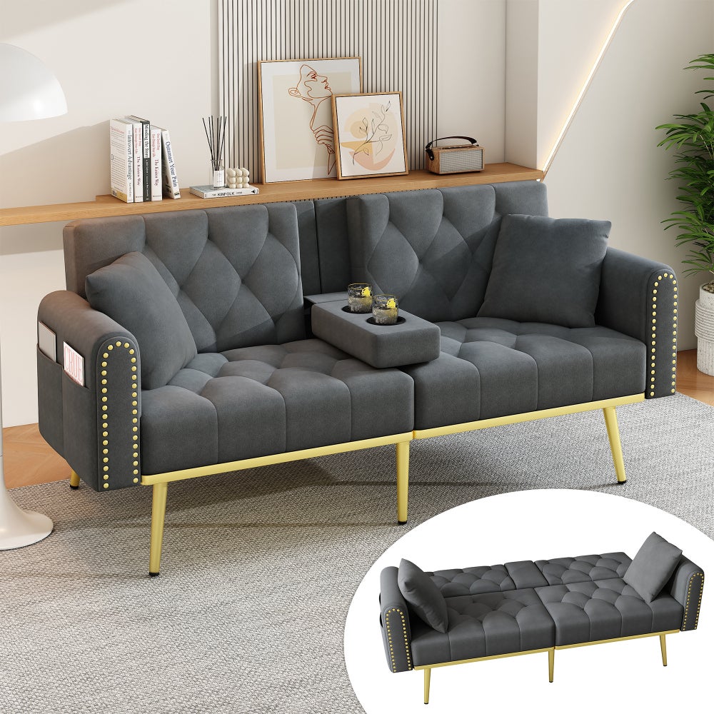 Sofa rozkładana, 3 regulowane pozycje odchylenia, z uchwytem na kubek, szara