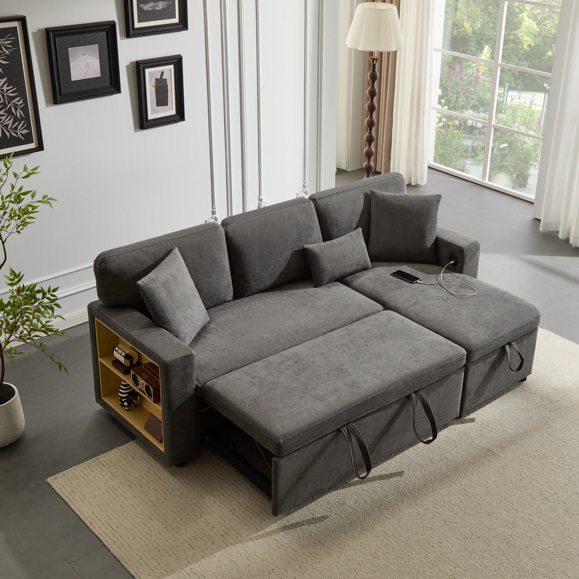 Sofa 215x133x85cm - z portem USB - ze schowkiem - z funkcją spania - szara