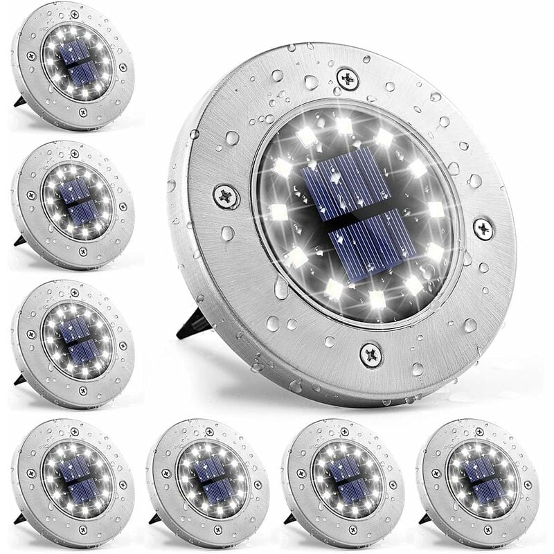 Zestaw 8 białych lamp solarnych LED, wykonanych ze stali nierdzewnej, wodoodpornych.