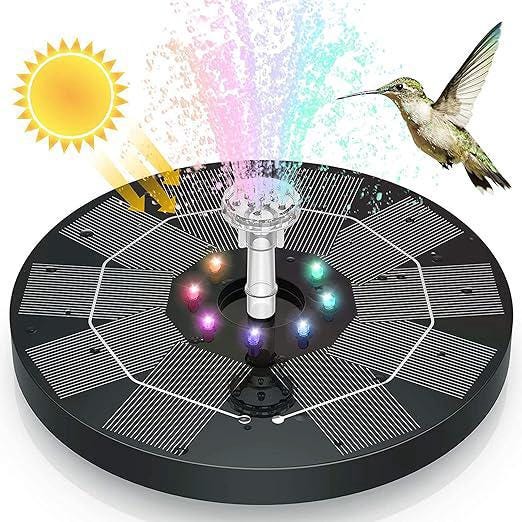 Zewnętrzna fontanna solarna do ogrodu, pompa solarna do stawu z 6 dyszami, pompa solarna 3,5 W z 7-kolorowym oświetleniem LED do kąpieli dla ptaków