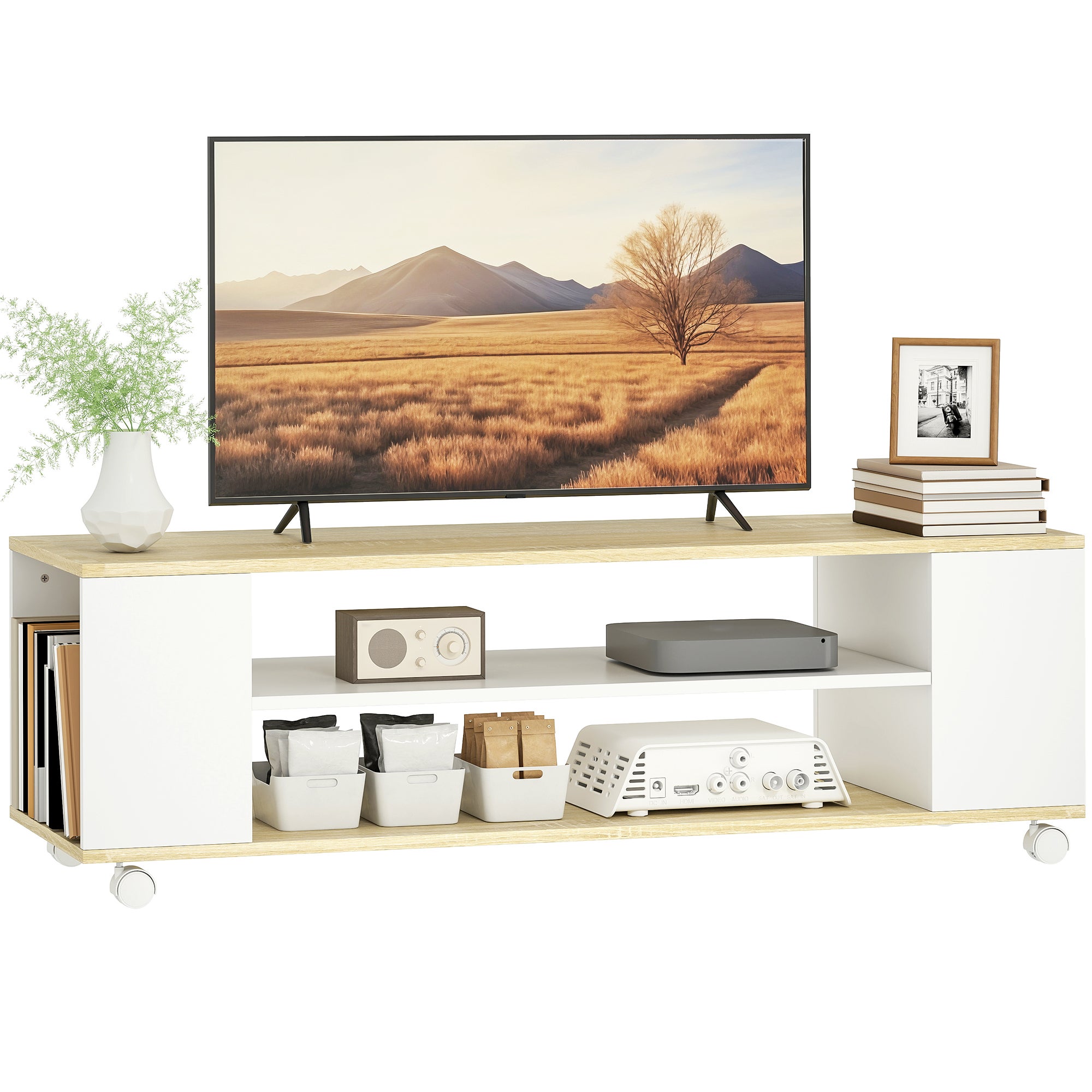 Pływający stojak pod telewizor z kółkami i 2 półkami do telewizorów o przekątnej do 55 cali, 120x40x38,5 cm, biały