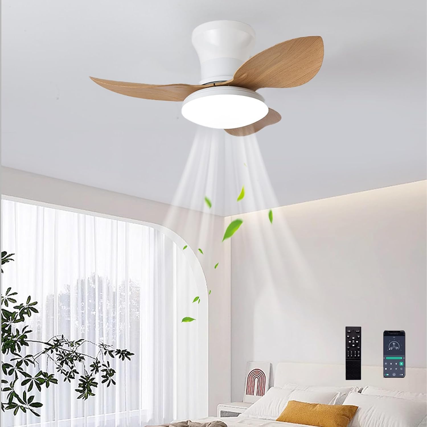 Nowoczesny wentylator sufitowy z inteligentnym oświetleniem, ściemniaczem, pilotem, oświetleniem LED,dyskretnym montażem wpuszczanym, 65 cm