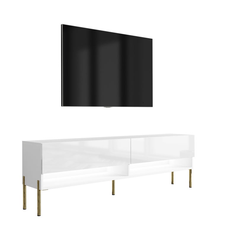 Szafka pod telewizor 170 cm Biały Mat / Biały Połysk, nóżki proste złote, LED biały, 170 × 32 × 52 cm