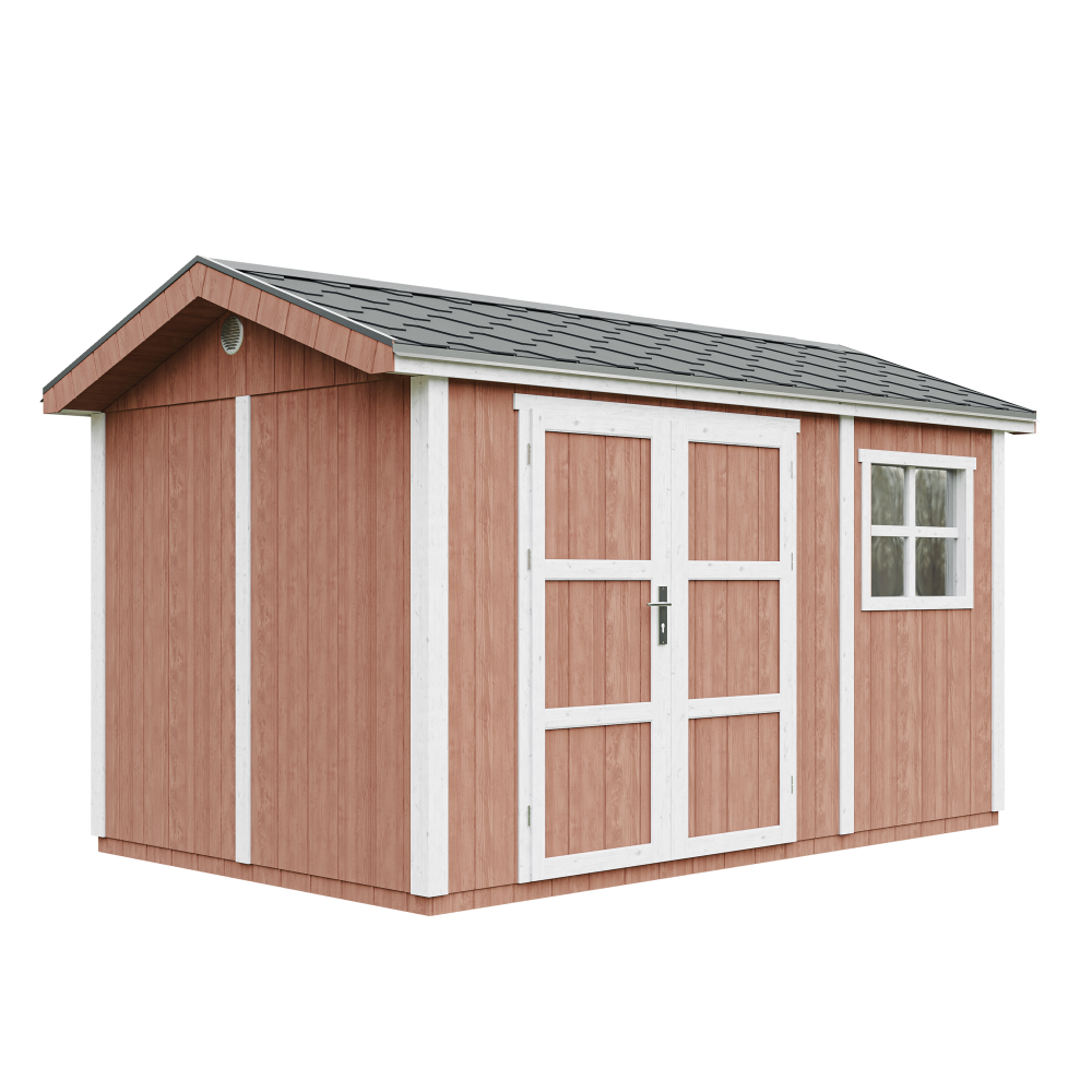 Szopa ogrodowa najwyższej jakości 8,68 m² - dł. 412 x szer. 250 cm - z podłogą i gontem bitumicznym - Timbela M914A - Redwood Red