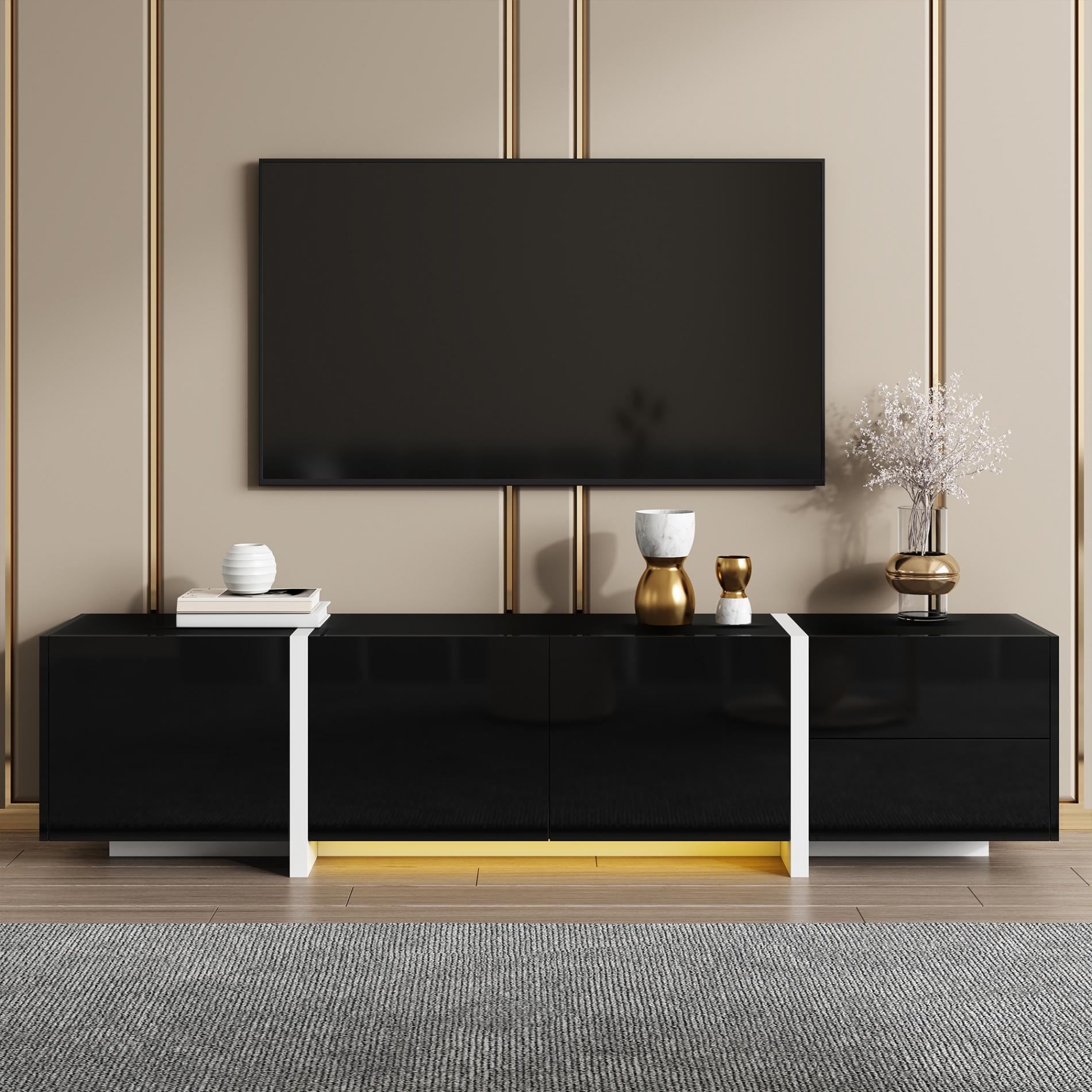 Nowoczesna szafka pod telewizor z pojemnym schowkiem, elegancki czarno-biały design, 3 drzwi i 1 szuflada, powierzchnia o wysokim połysku