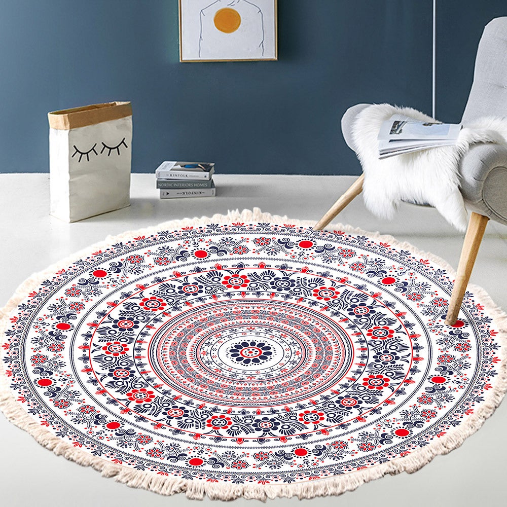 Okrągły dywanik do salonu z bawełny tkanej ręcznie, wzór mandali, styl vintage bohemy, do sypialni, przedpokoju, salonu, stolika kawowego, 60 cm