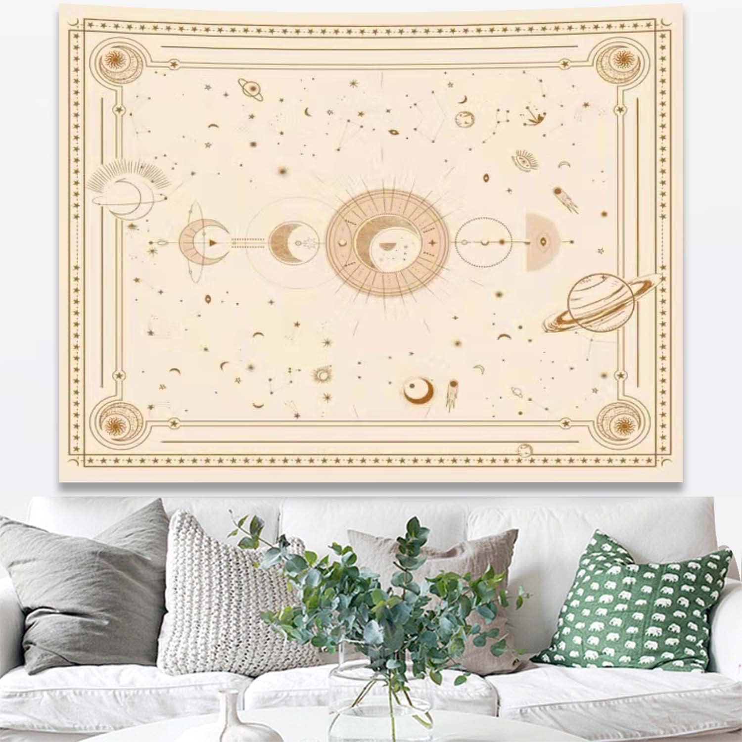 Gobelin „Fazy Księżyca”, czarno-biały gobelin, gobelin „Księżyc i Słońce”, dekoracja ścienna w stylu psychodelicznym (150 x 130 cm)
