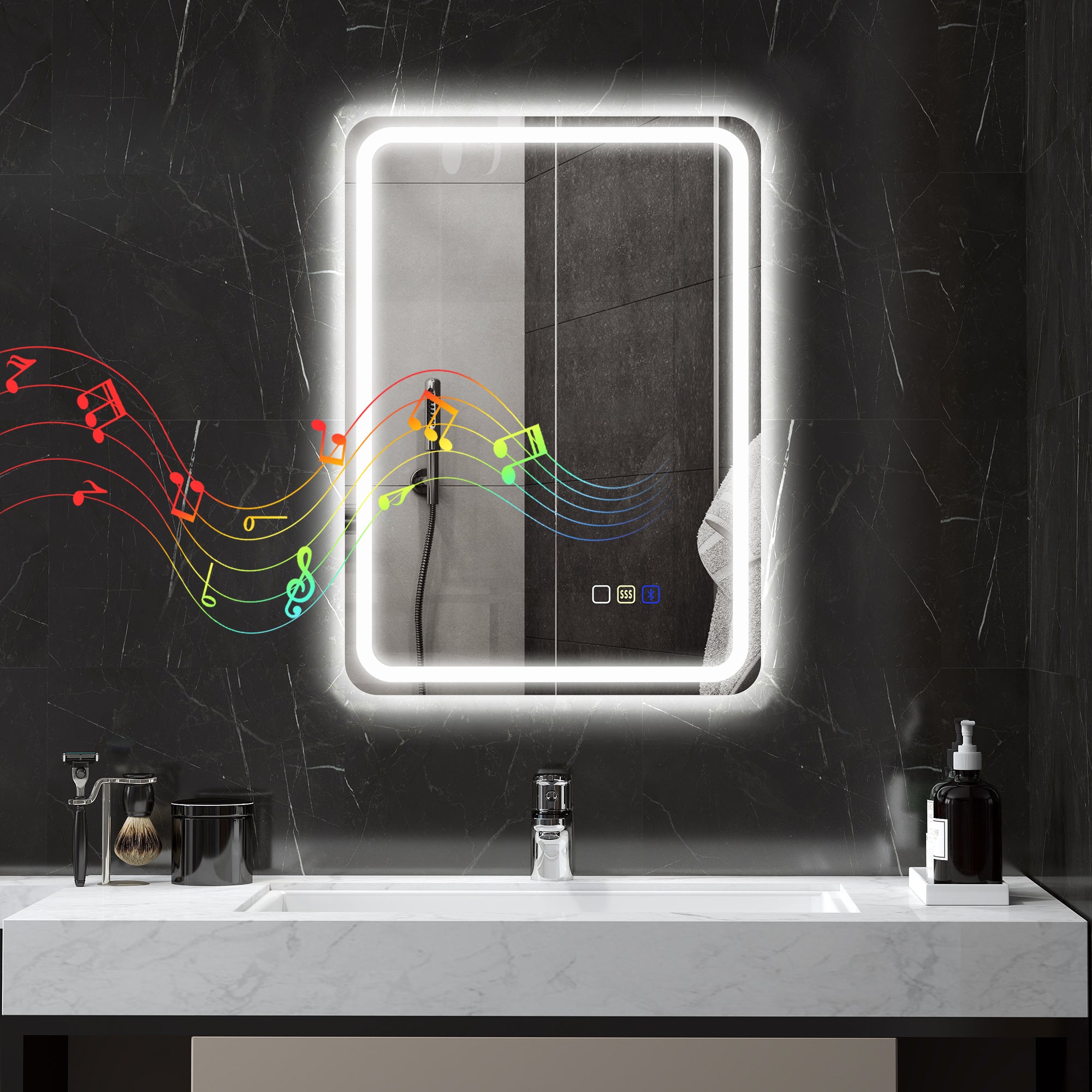 Lustro Łazienkowe LED Bluetooth 70x50 cm, Antypara, Szkło Hartowane, Regulowane Światło Dotykowe