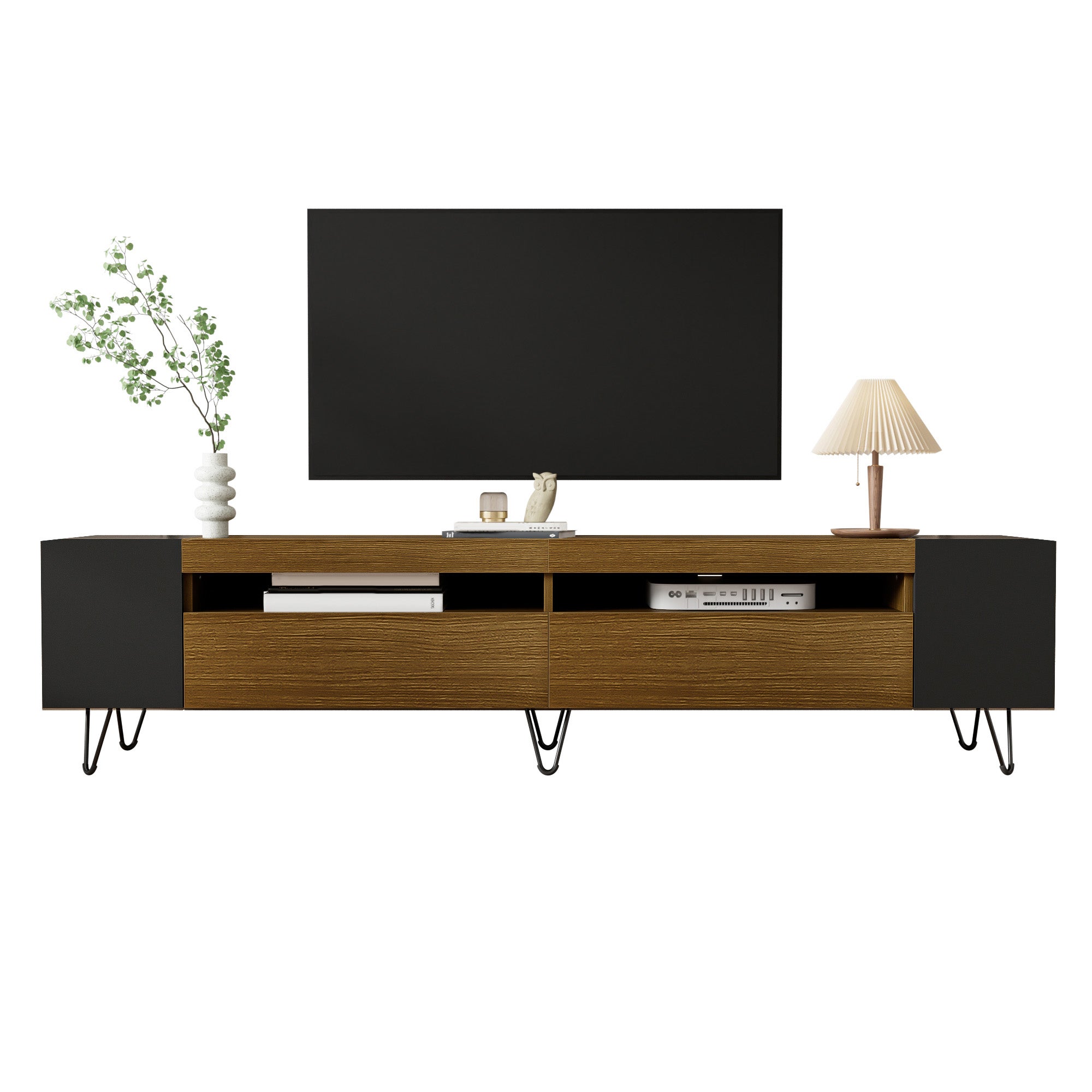 TV-Schrank z czarną finish i wzorem drewna - długość 180 cm, stabilny, duży magazyn