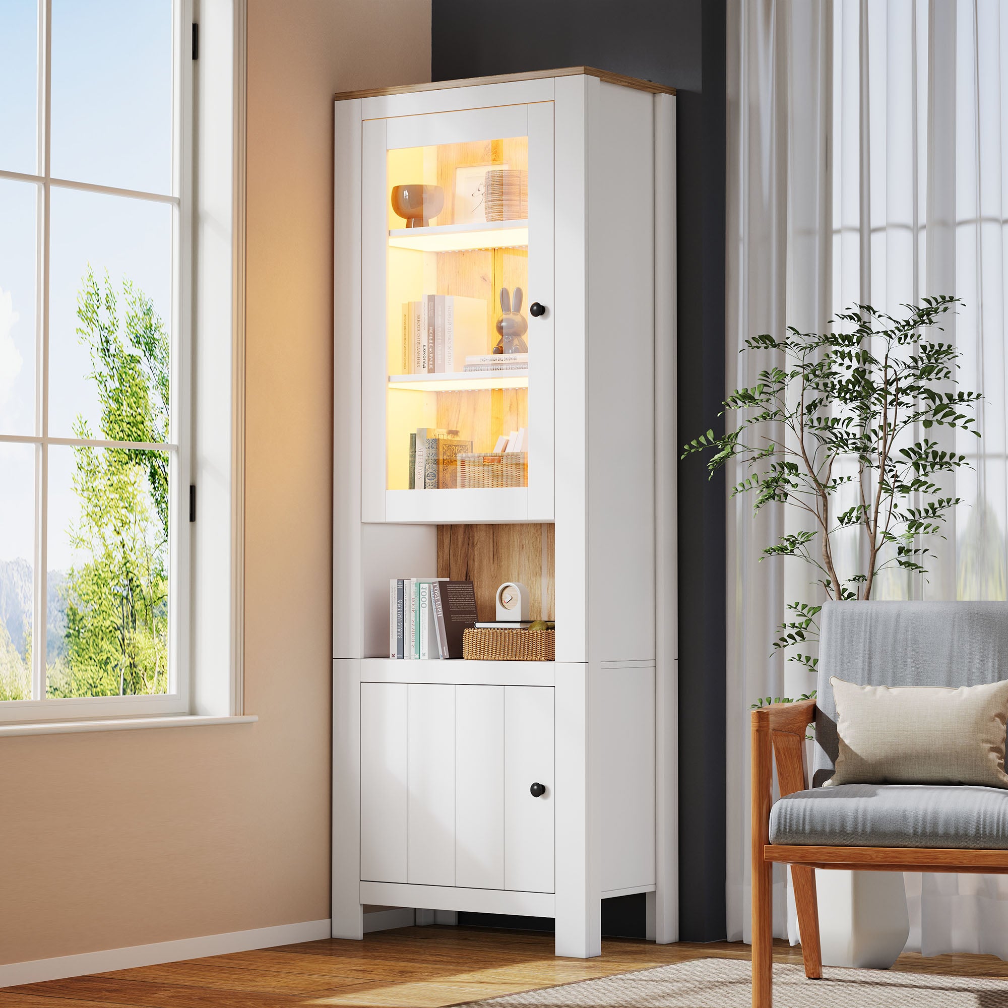 Wysoka witryna 70x40x188 cm - z oświetleniem LED - 2 drzwi i 6 półek - półki regulowane - Płyta wiórowa - Biała