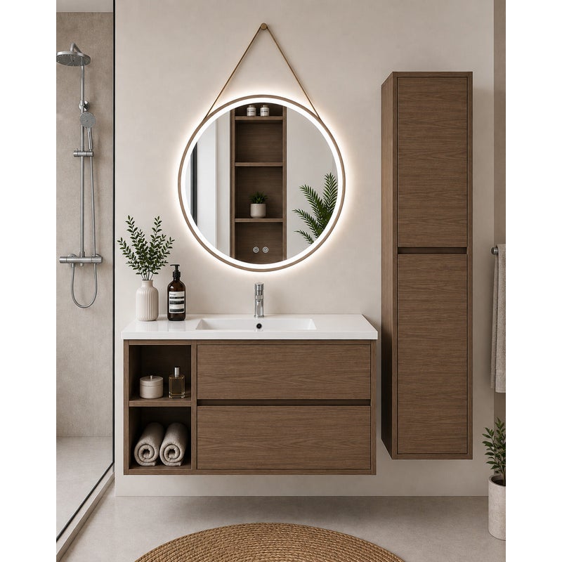 Szafka łazienkowa z umywalką ORIGENBATH ZEUS bez lustra 100x45 cm Lewa strona jesion tea z kolumną